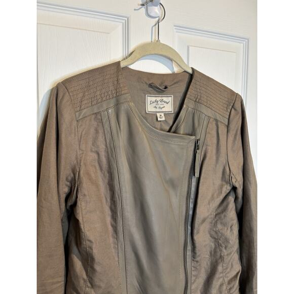 Lucky Brand Lamb Leather Linen Moto Mixed Media Jacket Size Medium Fall Jacket - Picture 3 of 8